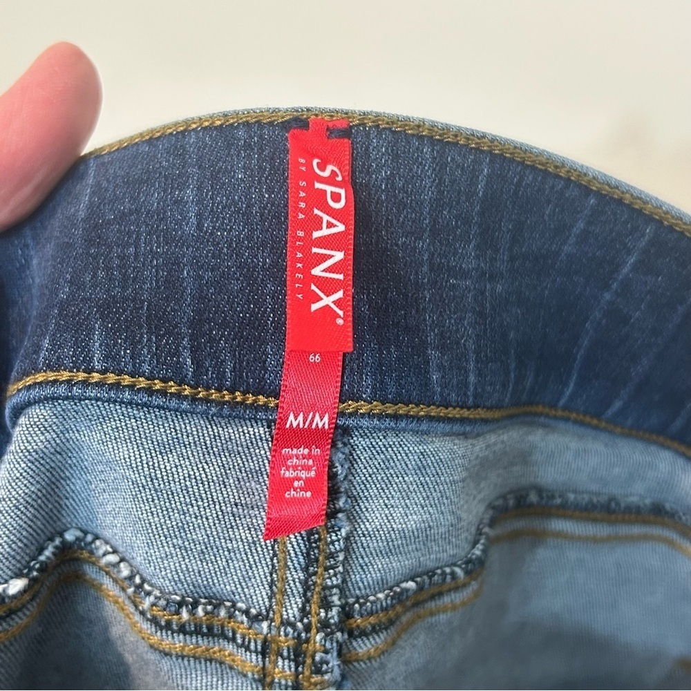 SPANX Medium Wash Distressed Pull-On Raw Hem Denim Leggings - Picture 3 of 14